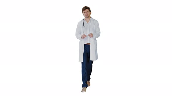 Doctor Talking To Camera While Walking on White Background alt