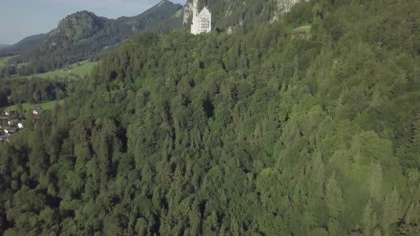 Aerial view of Neuschwanstein Castle in Bavaria Germany. Palace on green forest hills european Alps 