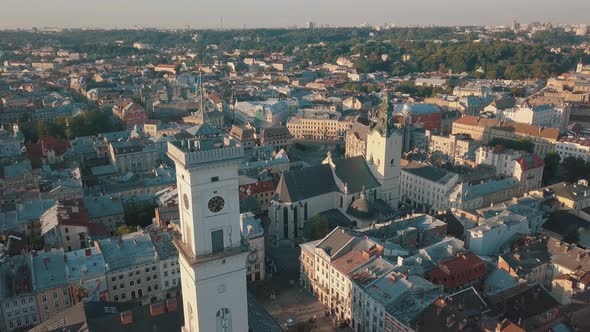 Aerial City Lviv, Ukraine. European City. Popular Areas of the City. Town Hall alt