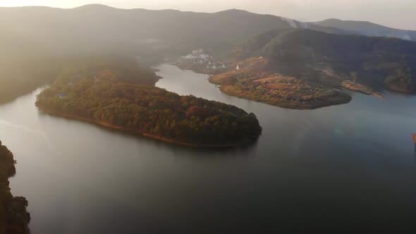Unique aerial view of awesome Tuyen Lam Lake Da Lat plateau Vietnam forest hill highlands  alt