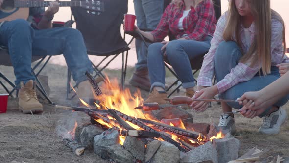 Crop Women Frying Sausages on Fire During Picnic