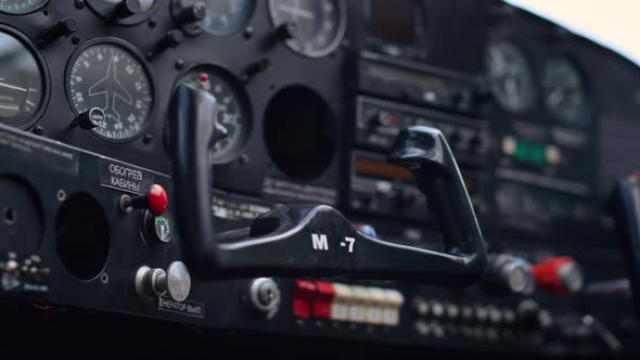 Modern Airplane Steering Wheel Inside Small Private Aircraft Cockpit Close Up alt