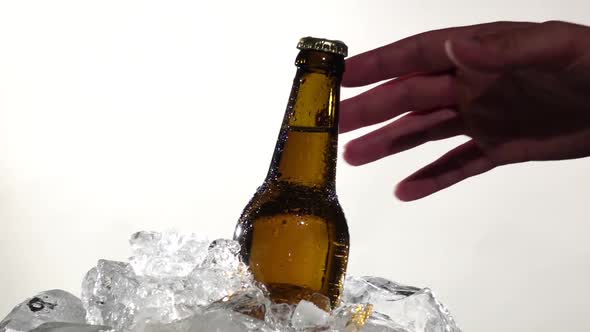 Guy Takes a Bottle of Cold Beer. White Background . Close Up. Slow Motion alt