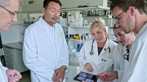 Group of scienists analyzing research results in laboratory alt