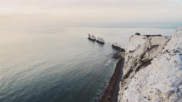 Aerial Drone Shot of Beautiful UK Coastal Scenery and Lighthouse, Isle of Wight, The Needles Chalk C alt
