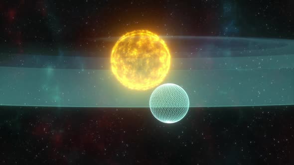 Holographic Particle System Representing a Blue Planet Orbiting Around a Star