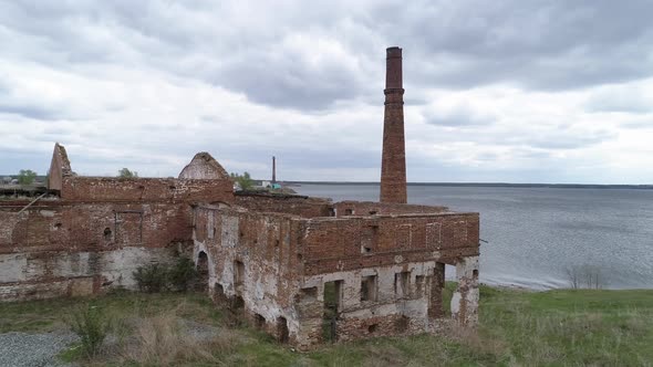 Aerial view of old brick ruined building with a brick pipe 08 alt