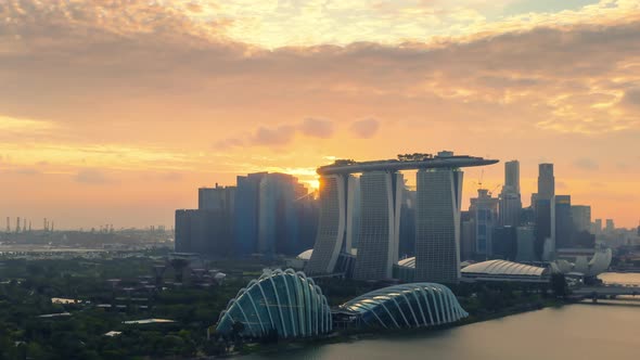 Aerial drone view of Singapore business district and city, Marina Bay.