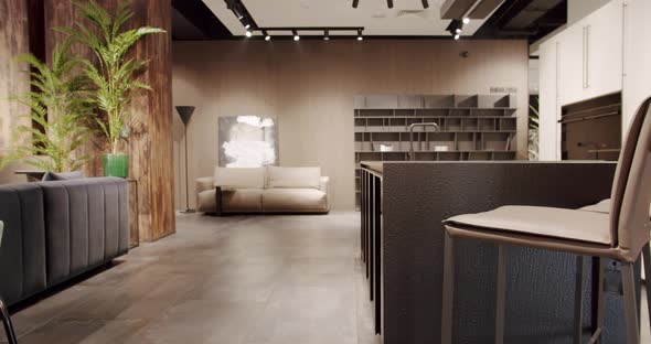 Modern Kitchen room with minimalist dining table. Modern Minimalist Home. alt