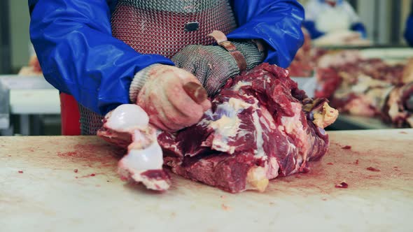 A Butcher Cuts Meat on a Table at a Plant alt
