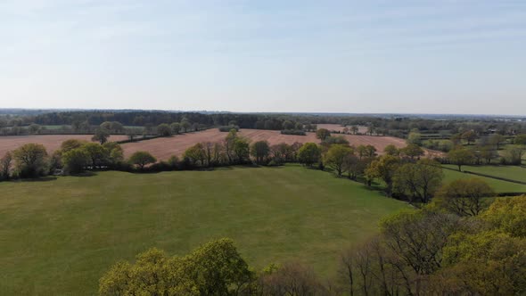 Flying Over English, Warwickshire Spring Countryside Green Agricultural Scene, Aerial 4K