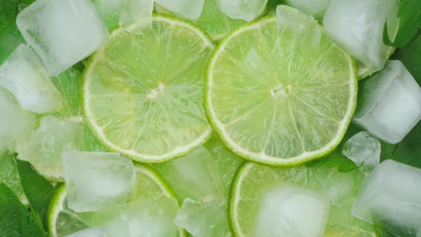 Rotating Background of Lime Slicesmint Leaves and Cubes of Ice Concept of Mojito Closeup Fresh