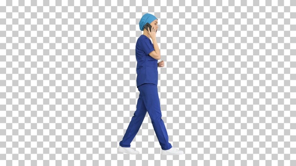 Serious female doctor talking on the phone, Alpha Channel alt