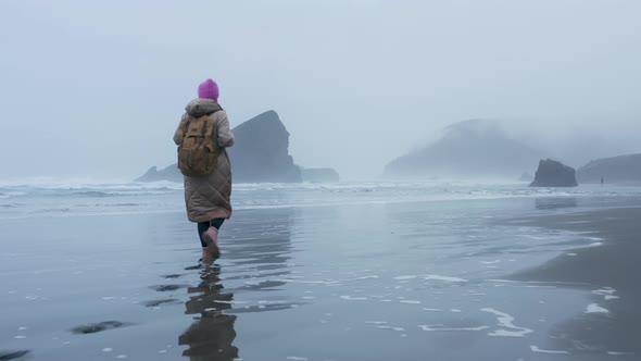 Backpacker Tourist Enjoying Nature Traveler Woman Walking By Wet Ocean Beach alt