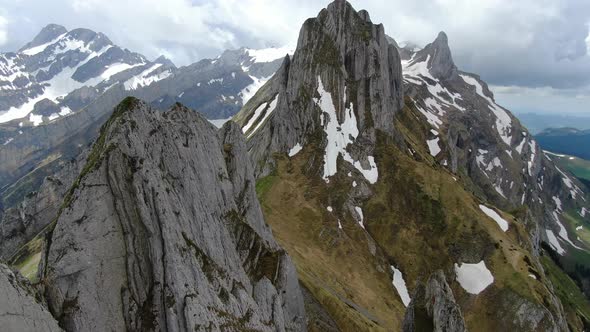 Drone view of the Shafler mountain ridge in Appenzell Alps, Switzerland, Europe alt