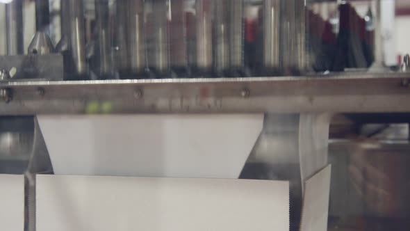 Red Wine bottles filling process in a wine bottling factory. alt