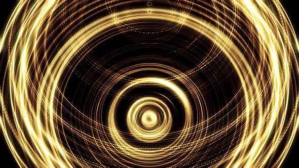 Shining golden rings in pulsating motion on black background alt