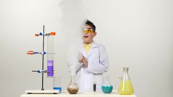 Little Boy Chemist in Uniform, Protective Glasses Has Successfully Tested the New Formula, Gets alt
