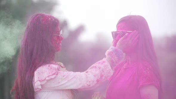 Girls Playing Indian Festival Holi Celebration Slowmotion