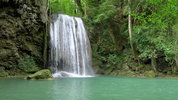 Erawan waterfall level three in National Park, famous tourist destination in Kanchanaburi