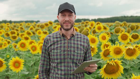 Cheerful Man Farmer Stands in a Field of Sunflowers and Smile Ecologist Man Investigating Plants and alt