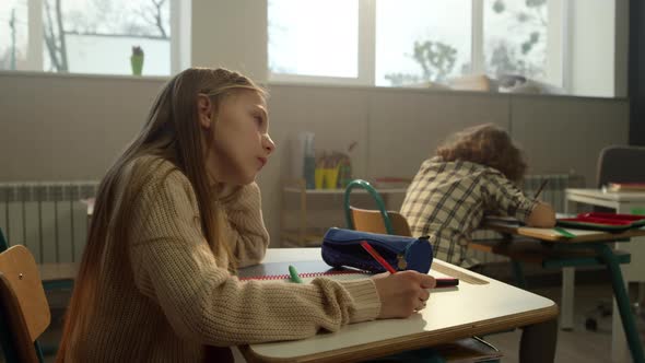 Smart Schoolgirl Writing in Notebook at Lesson in Elementary School alt