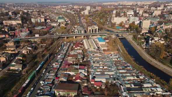 Autumn City Of Rivne Ukraine, Hydropark And Bazaar Wild. Aerial Shot alt