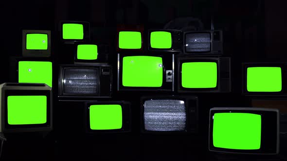 Fifteen Retro TVs turning on Green Screen with Static Noise. Blue Dark Tone. 4K.