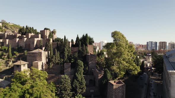 Malaga alcazaba, Spain. Aerial circling