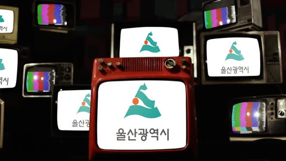 Flag of Ulsan, South Korea, on Retro TVs.