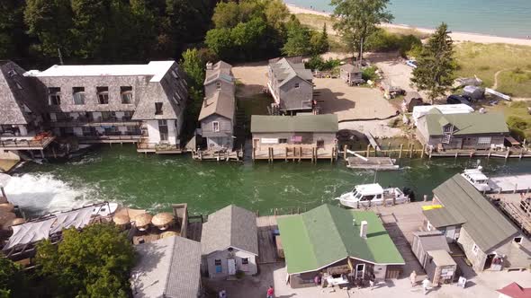 Historic Fishtown In Leland Michigan - aerial drone shot alt