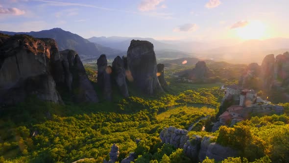 Meteora Monasteries in Greece on Sunset alt