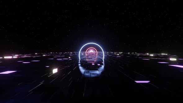 Futuristic sci-fi landscape, corridor of neon glowing circles