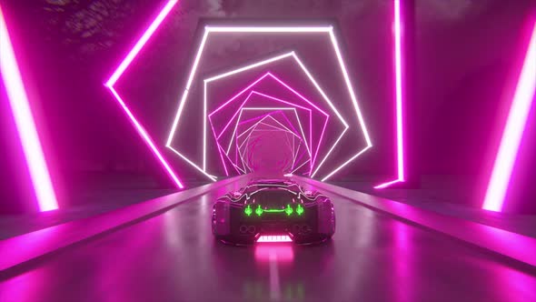 The Car Rushes at High Speed Through an Endless Neon Technology Tunnel alt