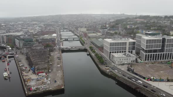 Cork Ireland aerial drone view bridges over river Lee alt