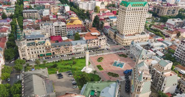 Aerial hyperlapse of Europe Square and Medea Statue in the center of Batumi alt