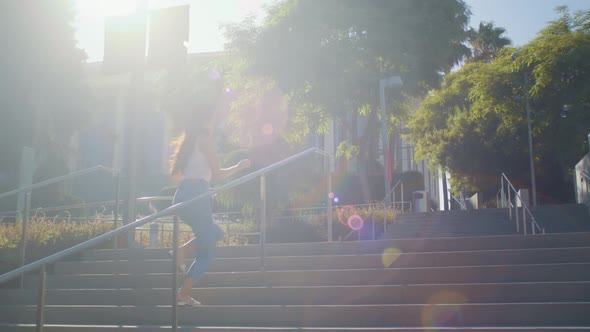 Longhair Woman Rush Upstairs Make Photo alt