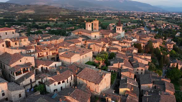An aerial shot of Spello, an ancient town in Italy