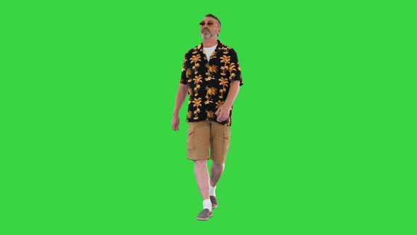 Ool Grandpa Tourist Walking and Looking To the Sides on a Green Screen, Chroma Key. alt