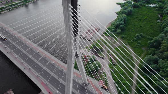 Close Aerial Footage of the Cable Bridge in the City