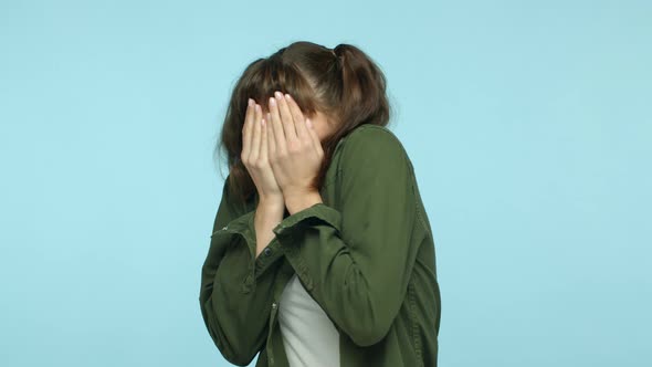 Slow Motion of Young Woman Gasping Startled Cover Face with Hands and Screaming Embarrassed Peeking