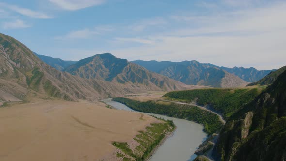 Mountains valley of Altai with blue Katun river and Chuya highway