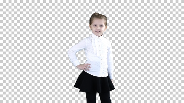 Little smiling girl in white poses, Alpha Channel alt