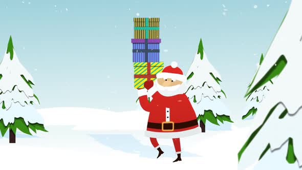 Santa Claus is walking on the white, cold snow. He is carrying gift boxes.