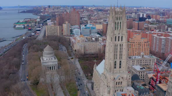 Riverside Church and General Grant National Memorial, New York. Aerial panoramic shot alt