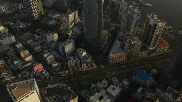 Ho Chi Minh City, District One, Vietnam. Classic drone reveal shot showing a panorama of all key bui alt