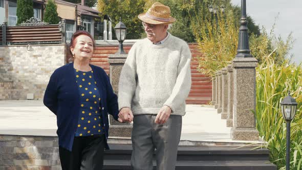 old age, retirement and people concept - happy senior couple walking at summer city park