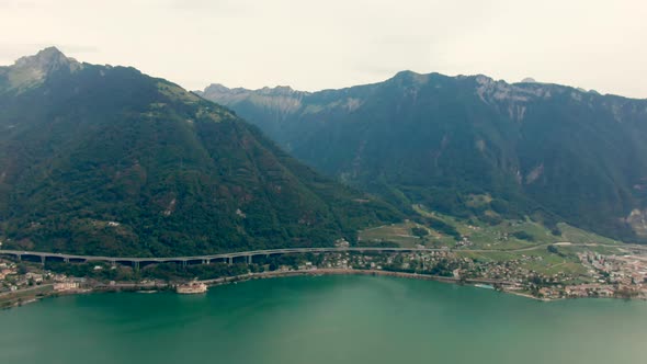 Aerial Panorama of Leman Lake Geneva in Alps Switzerland Canton of Vaud