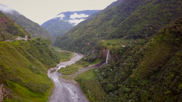 Aerial view of waterfall in Banos, Ecuador. alt