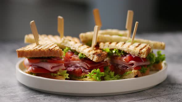 Plate with Multiple Tasty and Fresh Club Sandwiches alt